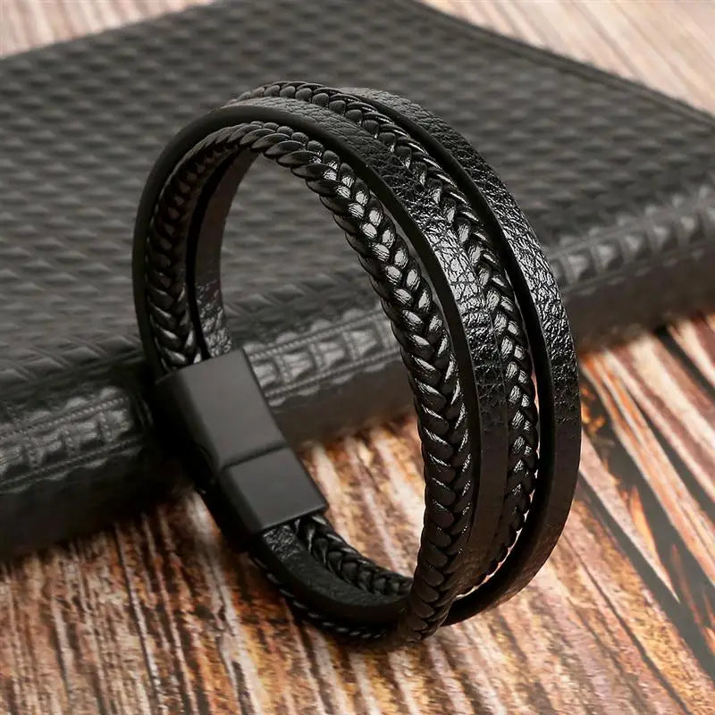 Men's Multi-Layer Woven Leather Bracelet with Alloy Magnetic Buckle - Punk Style, 19/21/23 cm (7.5/8.3/9.1 in)