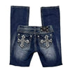 Retro Embroidered Wing-Pocket Boot-Cut Jeans for Women – Mid-Rise Blue Wide-Leg Streetwear Harajuku Gothic