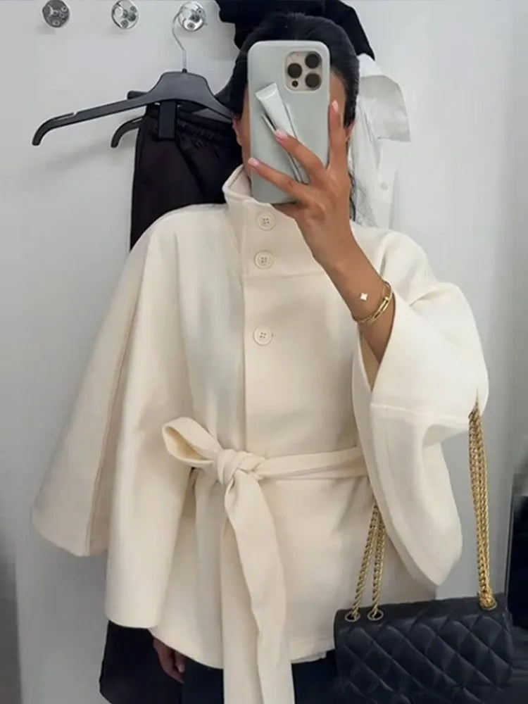 Faux Fur Cloak Jacket for Women – Stand Collar Three-Button Belted Wide-Sleeve Coat, Casual Chic Outerwear