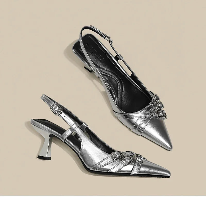 Pointed Toe High Heel Sandals for Women – Roman Slip-On Square Heel Dress Sandals