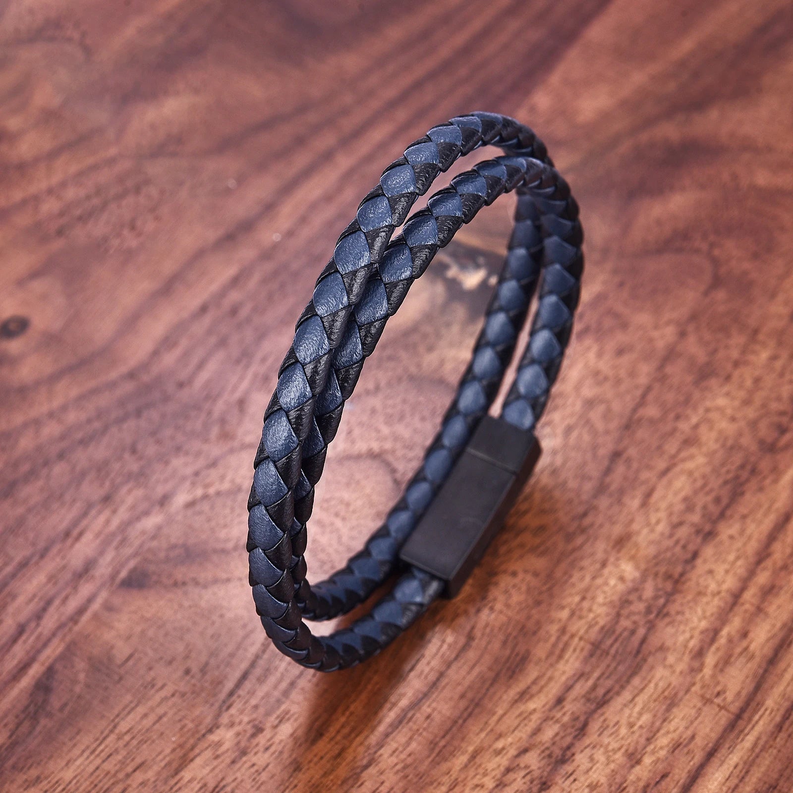 Men's Black Genuine Leather Double-Layer Braided Bracelet with Stainless Steel Accent – Sizes 18.5/20.5/22 cm (7.3/8.1/8.7 in)