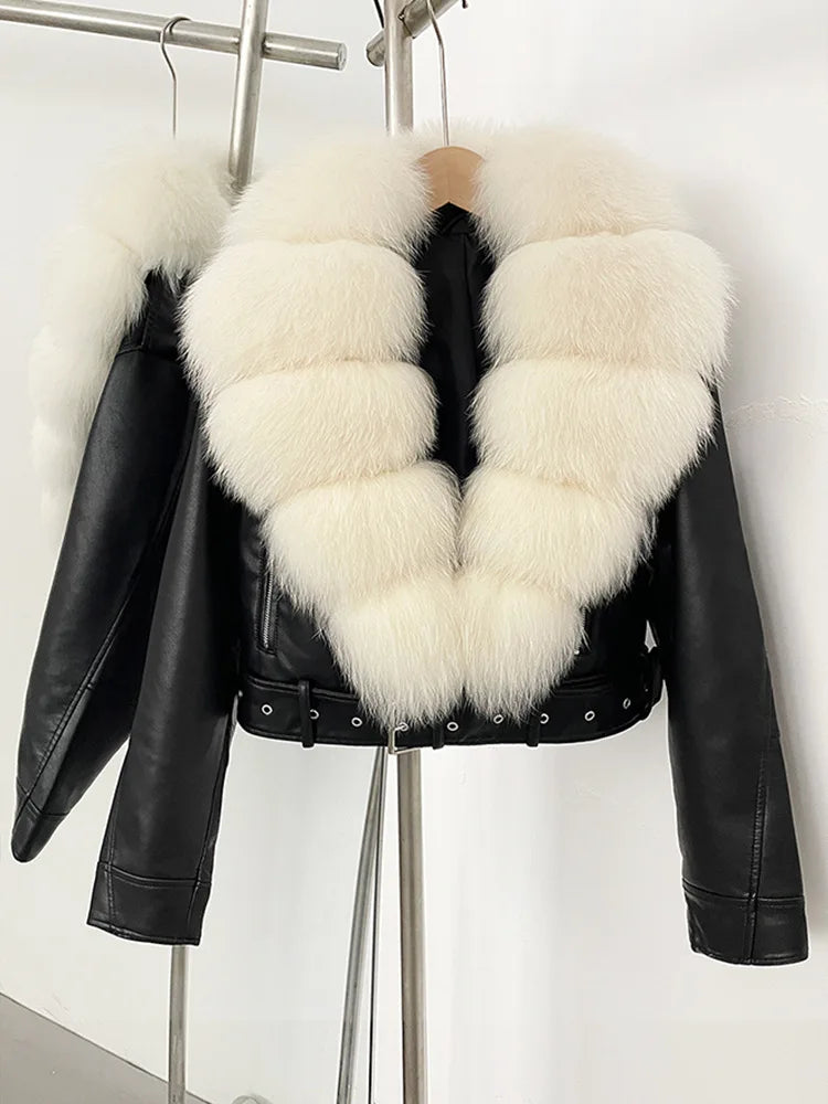 ZMEENNA Women's Faux Leather Moto Jacket with Detachable Faux Fur Collar - Short Warm Winter Coat