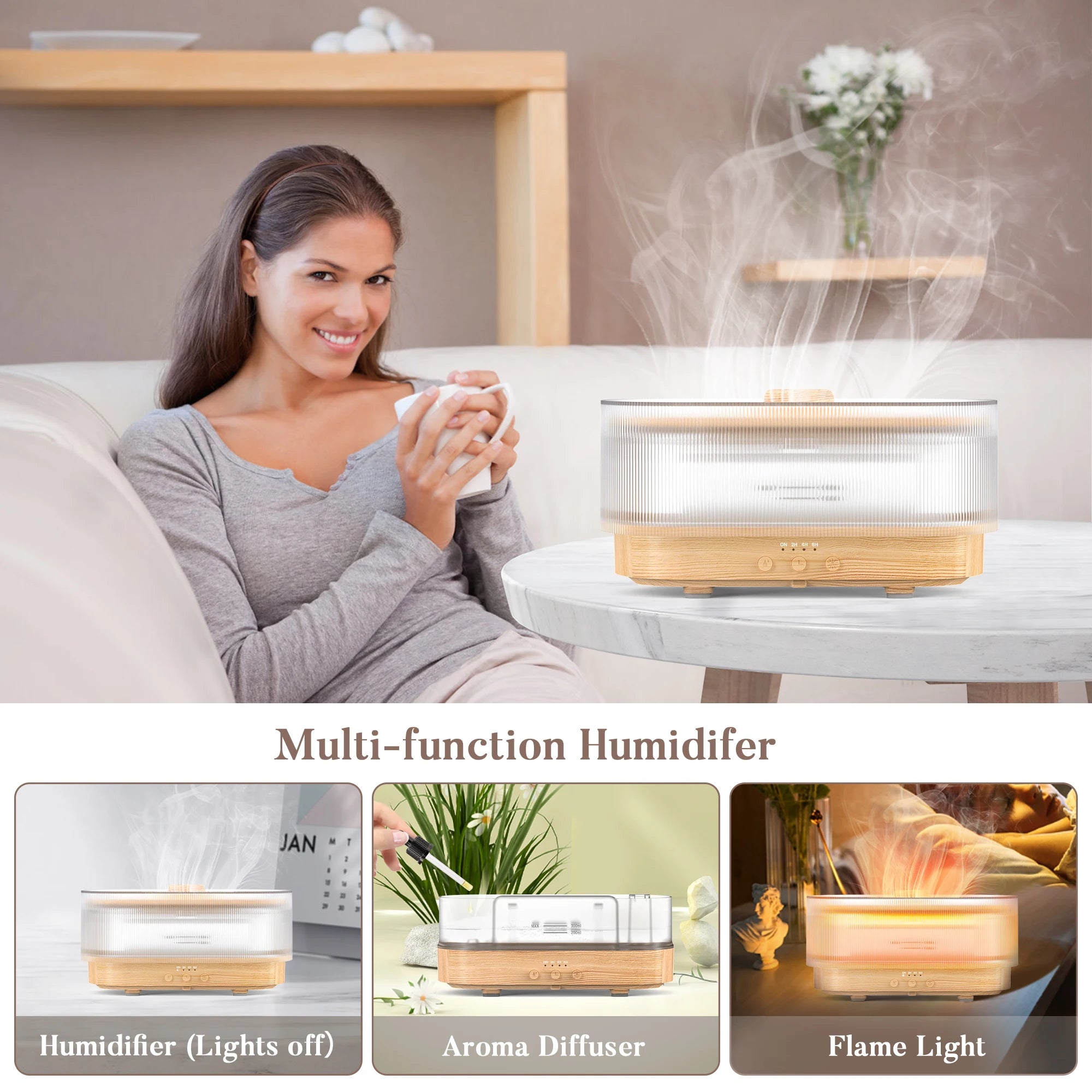 Sejoy 300ml Flame Aroma Diffuser – USB Cool Mist Essential Oil Humidifier with Colorful Night Light & Auto-Off Timer