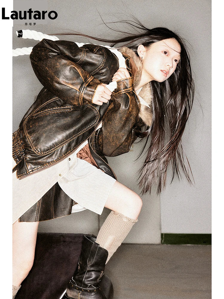 Vintage Distressed Brown PU Faux Leather Jacket with Faux Fur Collar – Women's Zipper Moto Coat