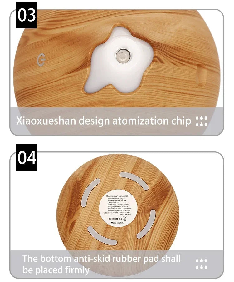 350ml (11.8 oz) Wood Grain Ultrasonic Essential Oil Diffuser & Humidifier, USB, Remote Control, 7-Color LED