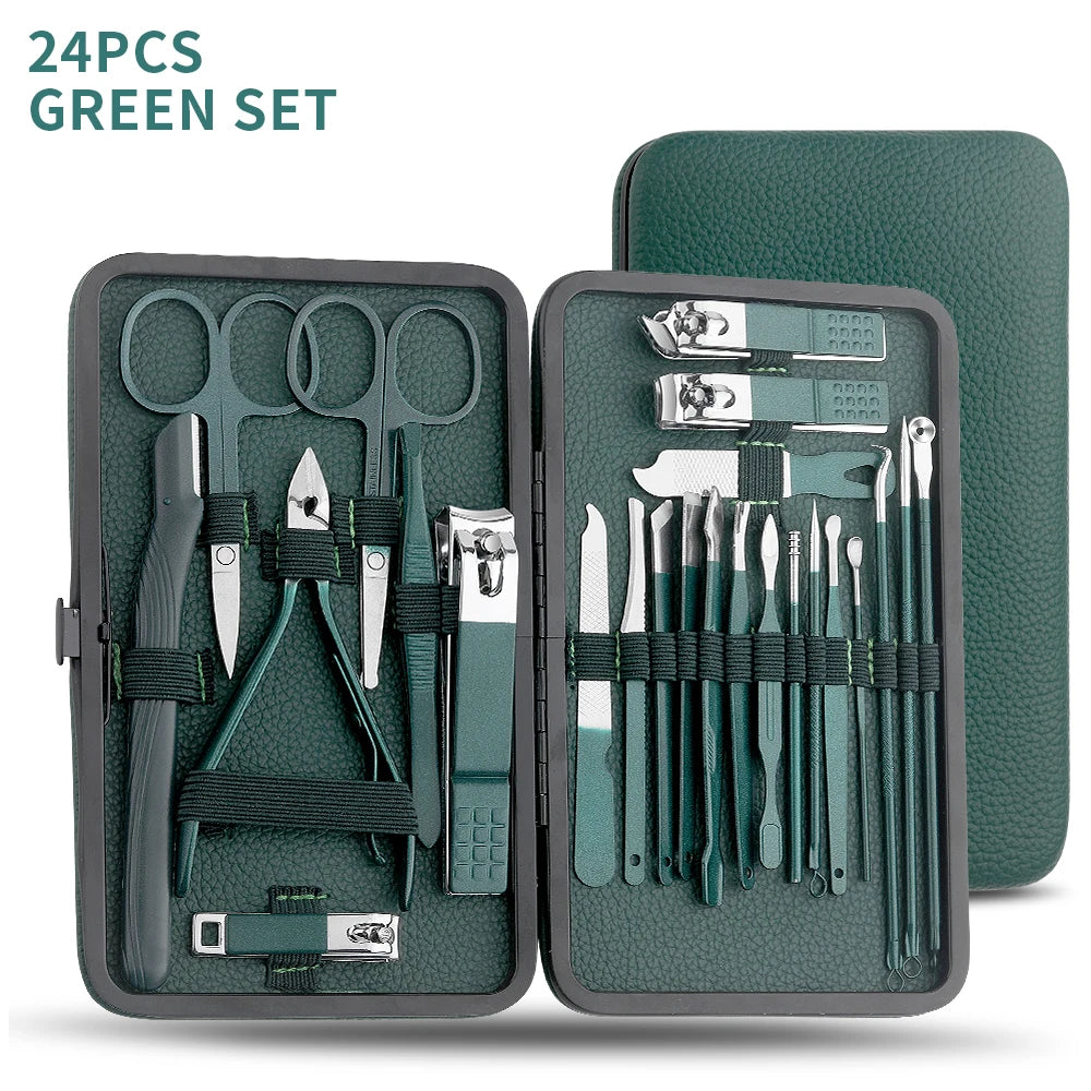 Green Stainless Steel Nail Clipper Set — 7/13/24-Pc Portable Manicure & Pedicure Tools