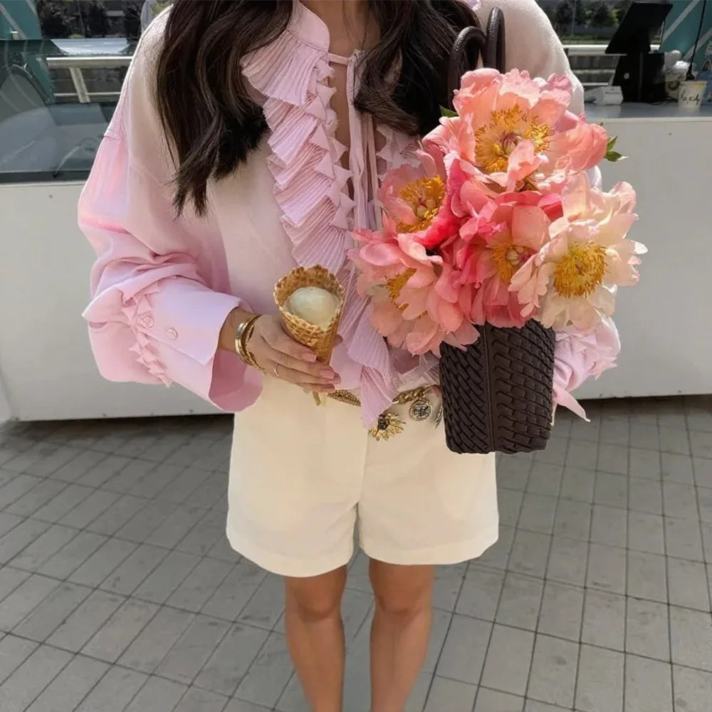 KONDALA Vintage Yellow Ruffle V-Neck Lace-Up Bow Tie Blouse Long Sleeve Casual Top