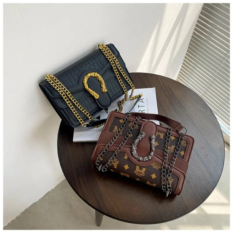 Printed Chain Shoulder Bag for Women - Small Square Crossbody Purse for Travel & Daily Use