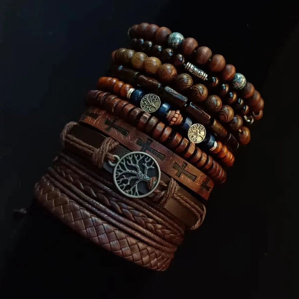 10-Pack Khaki & Black Woven Leather Wrap Bracelets - Handmade Adjustable Unisex