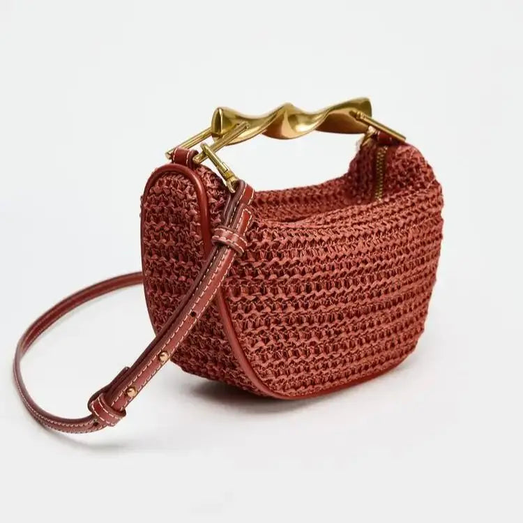 Women’s Half-Moon Woven Straw Shoulder Bag – Beach Crossbody Tote