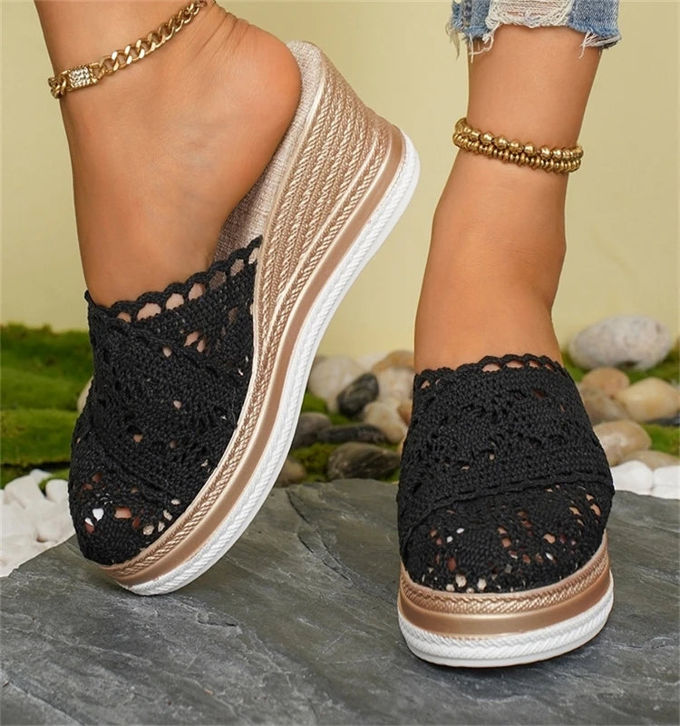 HAJINK Women's Lace Wedge Sandals – Breathable Summer Slide Heels, 5–8 cm (2–3 in) Heel, 3–5 cm (1.2–2 in) Platform