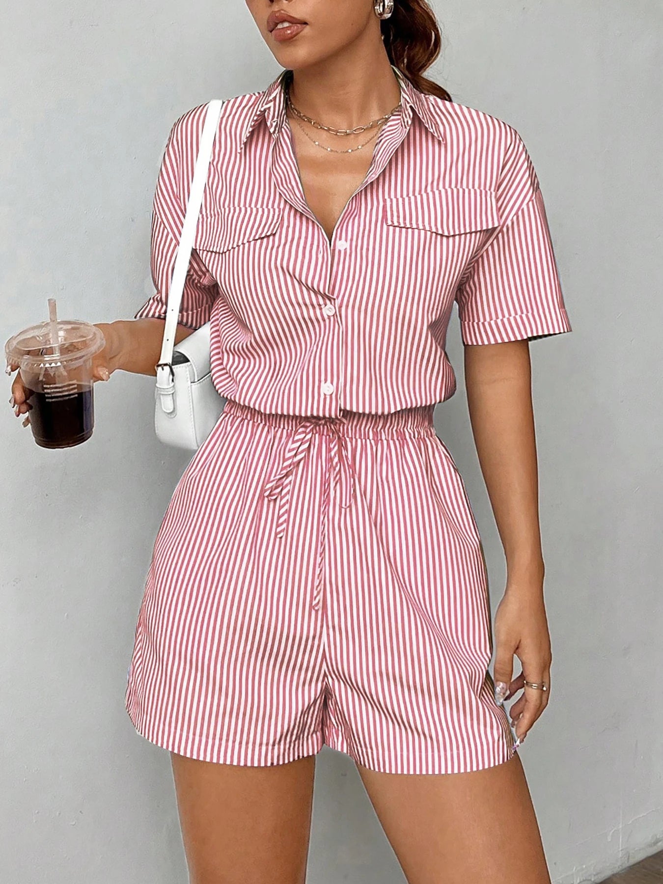 Women’s Blue & White Striped Short-Sleeve Jumpsuit Romper – Drawstring Waist, Office Casual Summer Shorts