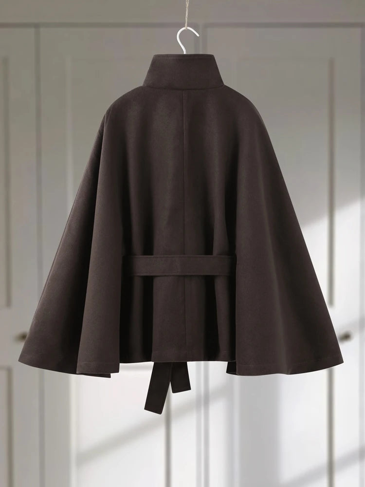Faux Fur Cloak Jacket for Women – Stand Collar Three-Button Belted Wide-Sleeve Coat, Casual Chic Outerwear