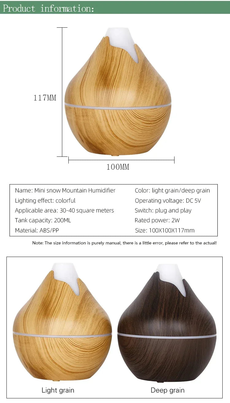 350ml (11.8 oz) Wood Grain Ultrasonic Essential Oil Diffuser & Humidifier, USB, Remote Control, 7-Color LED