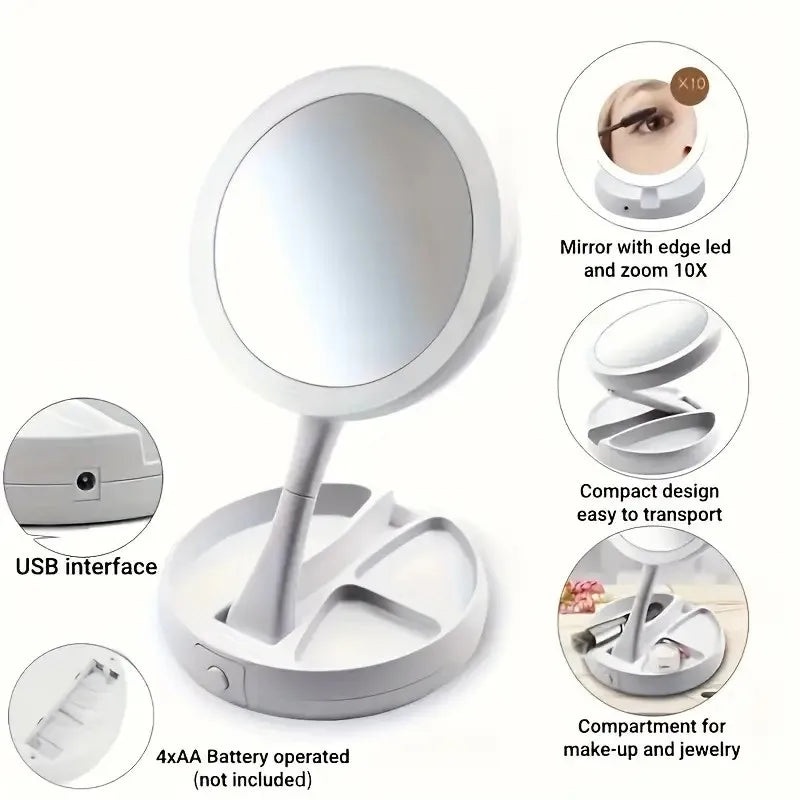Foldable LED Vanity Mirror with Protective Box, Dual-Sided 1X and 10X Magnification, Adjustable Brightness, Compact Travel Makeup Mirror, White