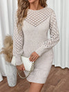 Hollow Knit Pullover Dress Knee-Length A-Line O-Neck Long Sleeve Spring Autumn Casual