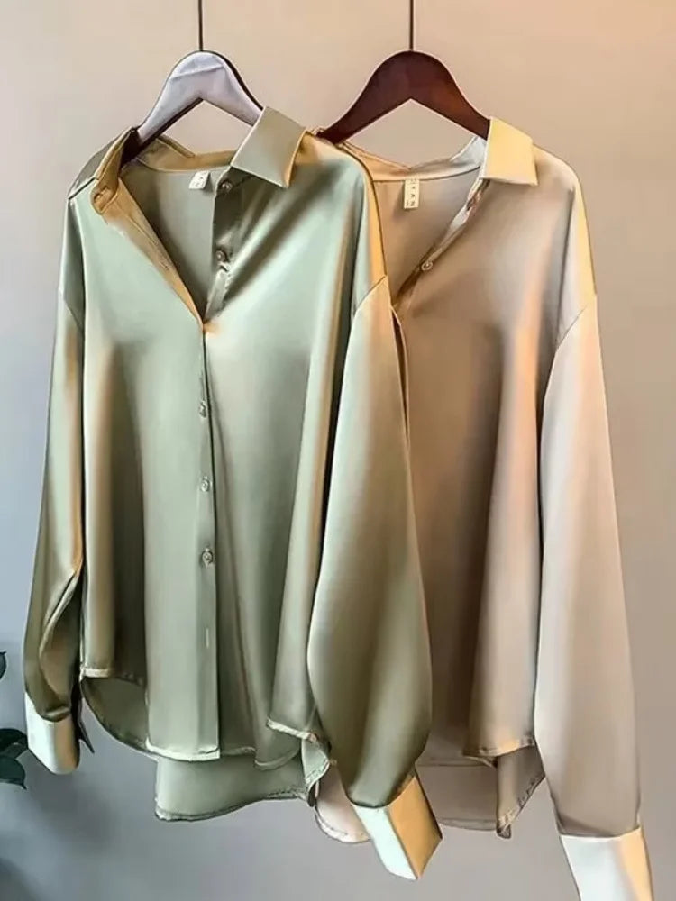 Elegant Satin Women's Button-Up Blouse Turn-Down Collar Vintage Casual Silk-Look Top