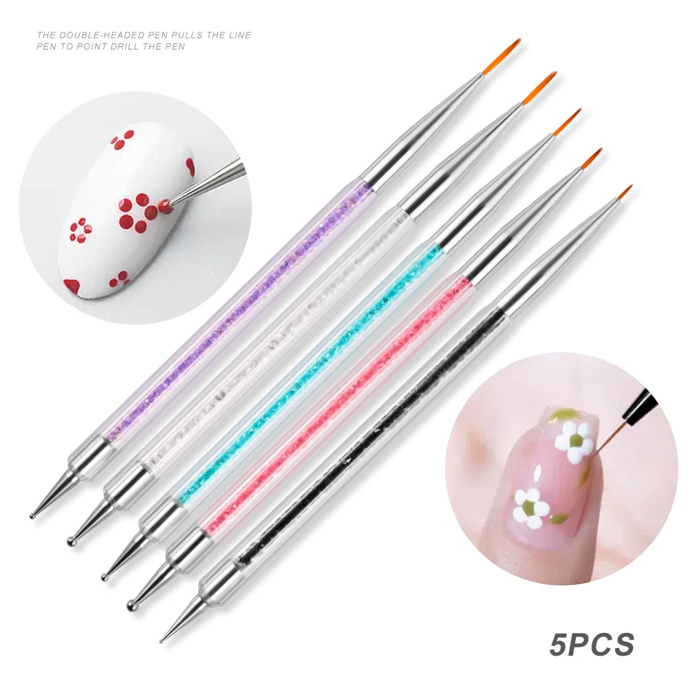 5-Piece Stripe Liner Nail Brush Set with Dotting Tool & Rhinestone Picker for Nail Art