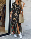 Boho Printed Long Sleeve Shirt Maxi Dress — A-Line Ankle-Length with Single-Breasted Buttons