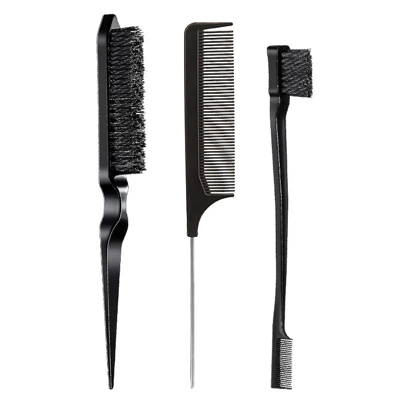 3-Piece Hair Comb & Eyebrow Brush Set - Tail Comb, 3-Row Detangling Comb, Steel Pin Tail Comb