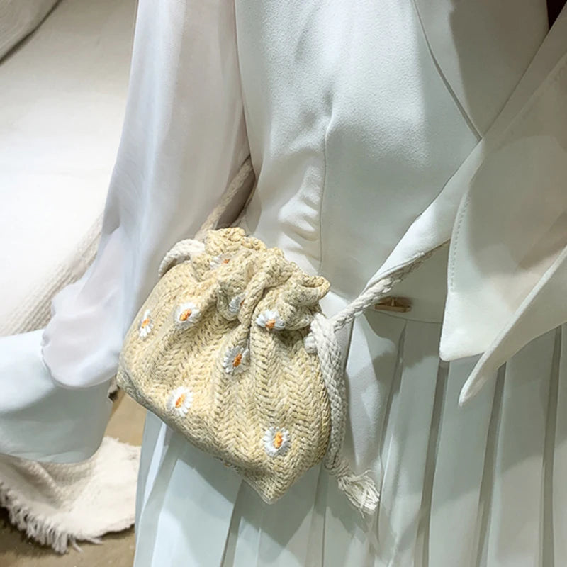 Straw Weave Bucket Bag Rattan Mini Shoulder Tote for Women, Summer Beach Casual Messenger Bag