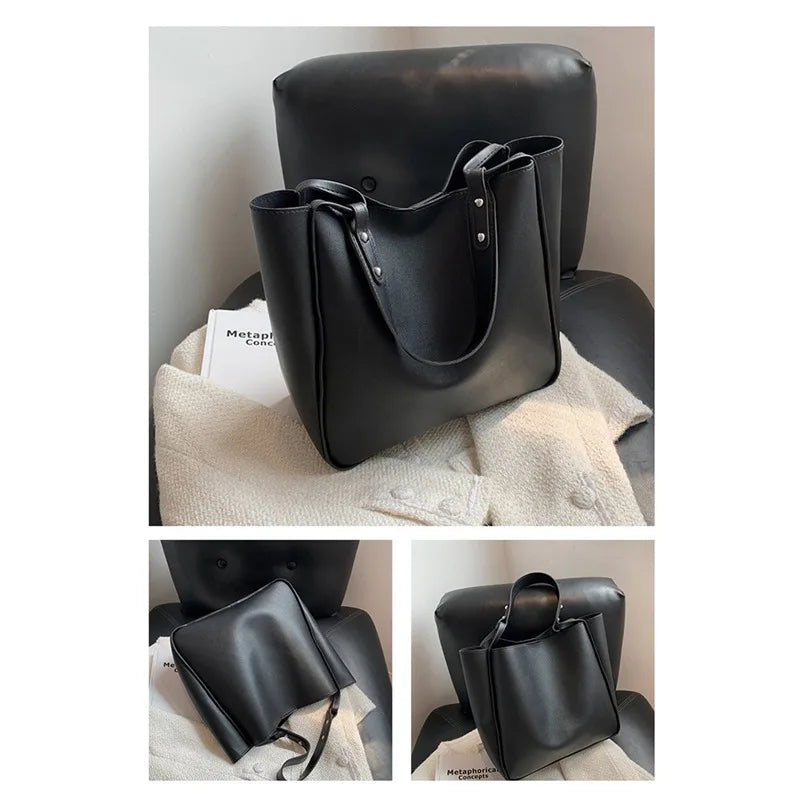 Women's Large PU Leather Bucket Shoulder Bag - Solid Color Retro Tote, 29 x 11 x 28 cm (11.4 x 4.3 x 11 in)