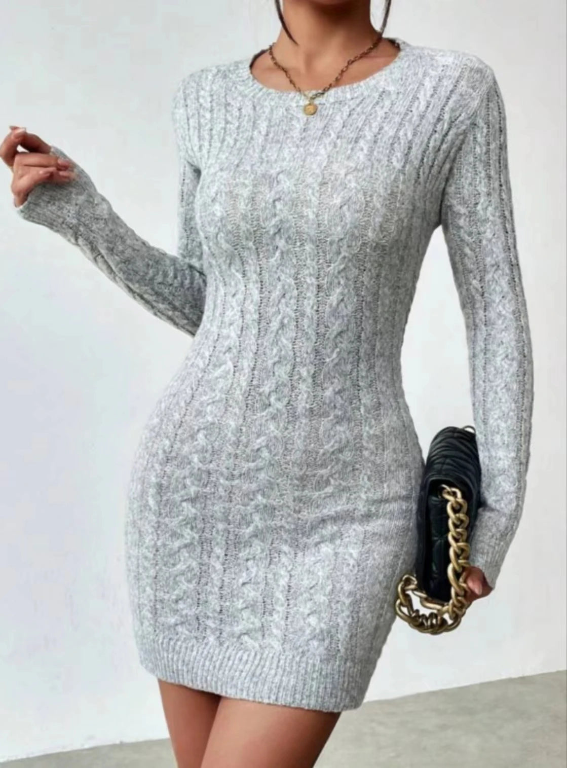 Slim Knit Crew Neck Mini Dress for Women - Autumn Winter Casual Straight Silhouette