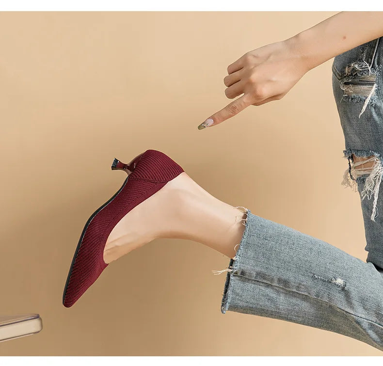 Women's Pointed-Toe Knit Slingback Pumps, Breathable Latex Insole & Anti-Slip Rubber Sole, 3.5 cm (1.38 in) Mid Heel