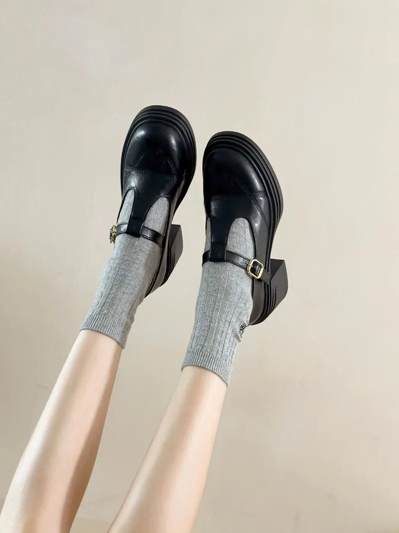 Women's T-Strap Mary Jane Pumps Chunky Square Heel 2–3 in (5–8 cm) Platform PU Round-Toe Buckle