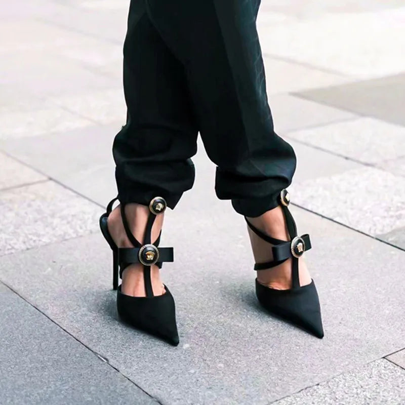 Bow Tie Pointed Toe Thin Heel Sandals for Women, Roman Straight Strap, 2.0-3.1 in (5-8 cm) Heel