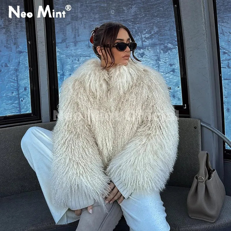 Neo Mint Faux Mongolia Sheep Fur Coat for Women Fluffy Warm Chic Streetwear Outerwear