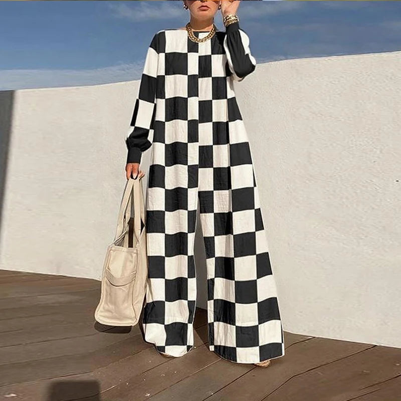 One-Shoulder Plaid Wide-Leg Jumpsuit for Women - Loose Long-Sleeve Oversized Romper, Casual Spring/Autumn