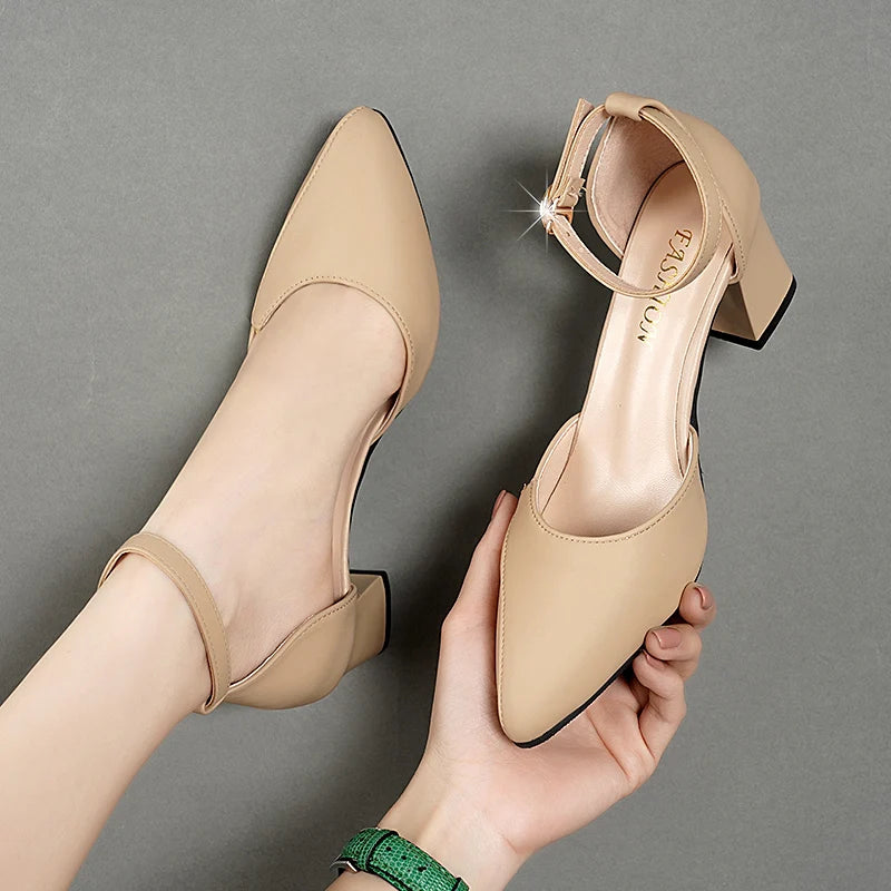 Women's Pointed T-Strap High Heels - PU Buckle Pumps with Thin Heel (5-8 cm / 2-3 in) Party Dress Sandals