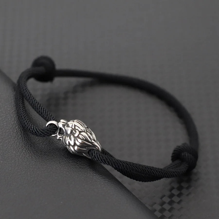 Gothic Lion Head Stainless Steel & Red String Bracelet - Handmade Adjustable Men's Punk Hip Hop Gift