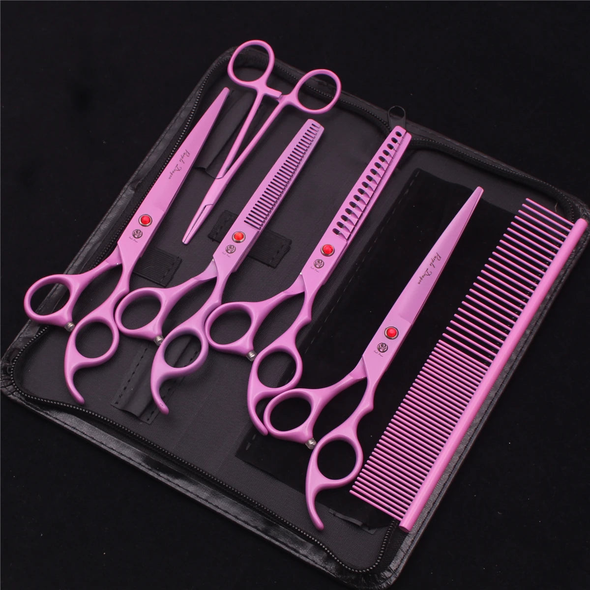 7-Inch (17.8 cm) Japanese 440C Pet Grooming Scissors Set — Straight 7 in, Curved 7 in, Thinning 6.5 in (16.5 cm) for Dog & Cat Grooming with Comb & Hemostatic Forceps