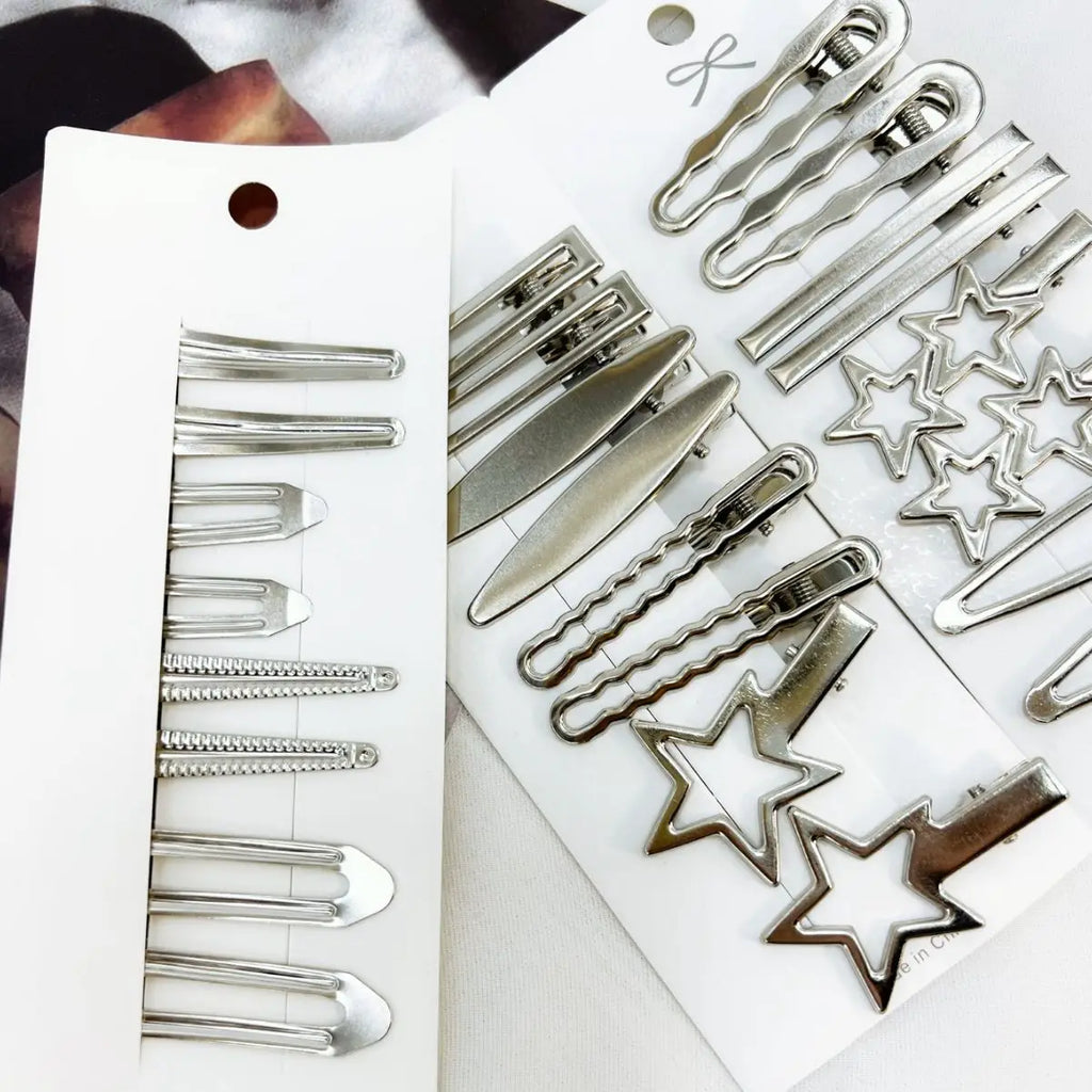 24-Pack Silver Metal Hairpins Set – Star & Seamless Duckbill Clips for Women & Girls
