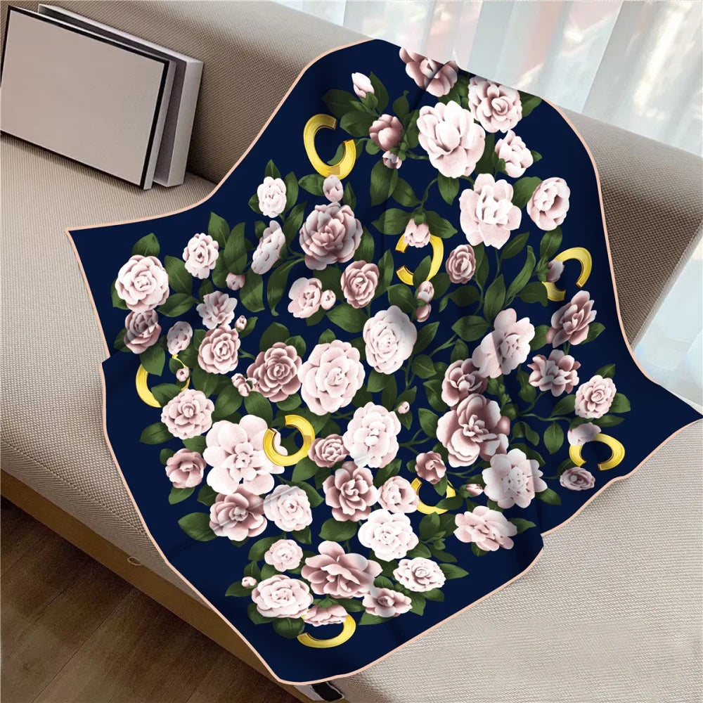 Twill Silk Square Scarf 90 x 90 cm (35.4 in) - Floral & Letter Print Women's Neck Kerchief Wrap