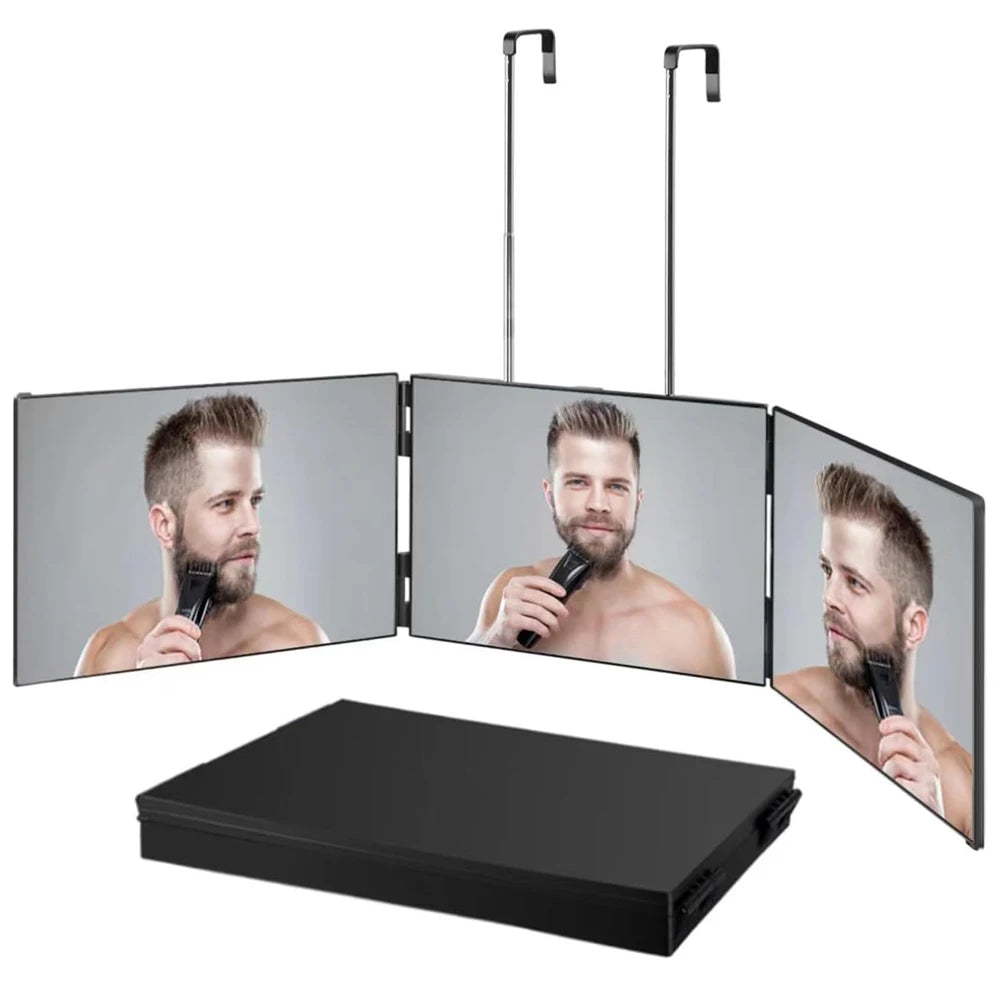 360° Trifold Travel Makeup Mirror with Height-Adjustable Telescoping Hook — Portable Foldable Vanity Mirror for Self Hair Cutting & Styling