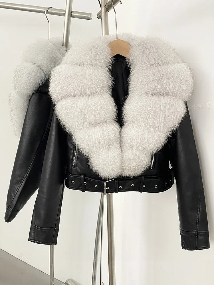 ZMEENNA Women's Faux Leather Moto Jacket with Detachable Faux Fur Collar - Short Warm Winter Coat