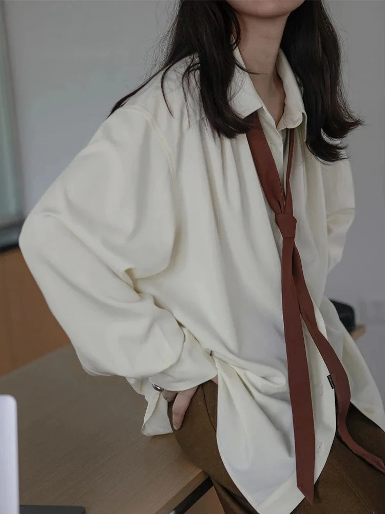 Korean Oversized Button-Up Shirt for Women Minimalist Long Sleeve Solid Blouse