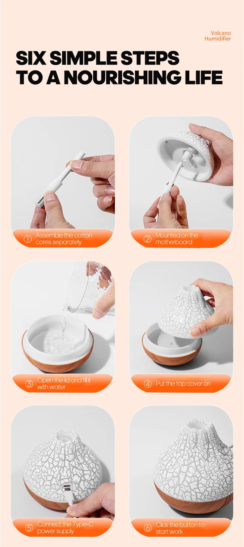 300ml USB Ultrasonic Volcano Air Humidifier Desktop Diffuser with 7-Color Night Light