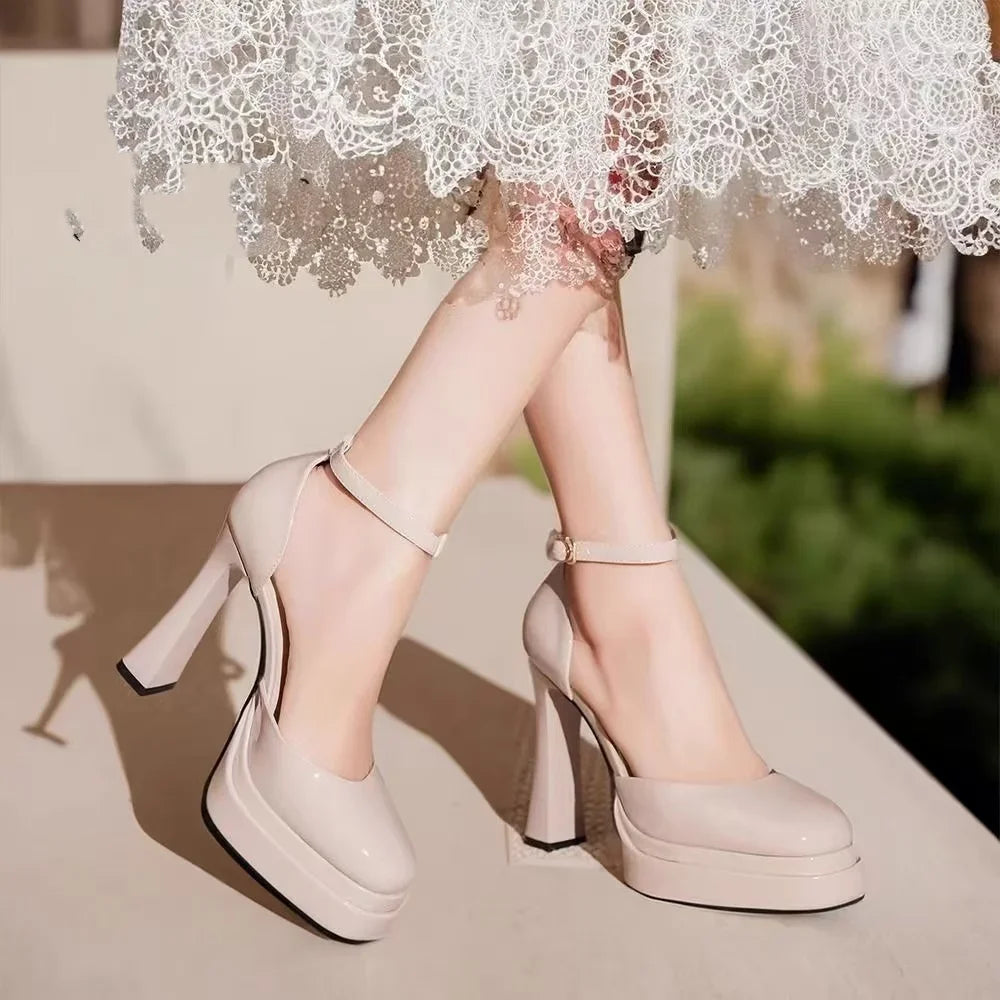 Women's Waterproof Patent PU Platform Sandals – 11 cm (4.3") Chunky Heel, Buckle Strap, White, EU 35-42