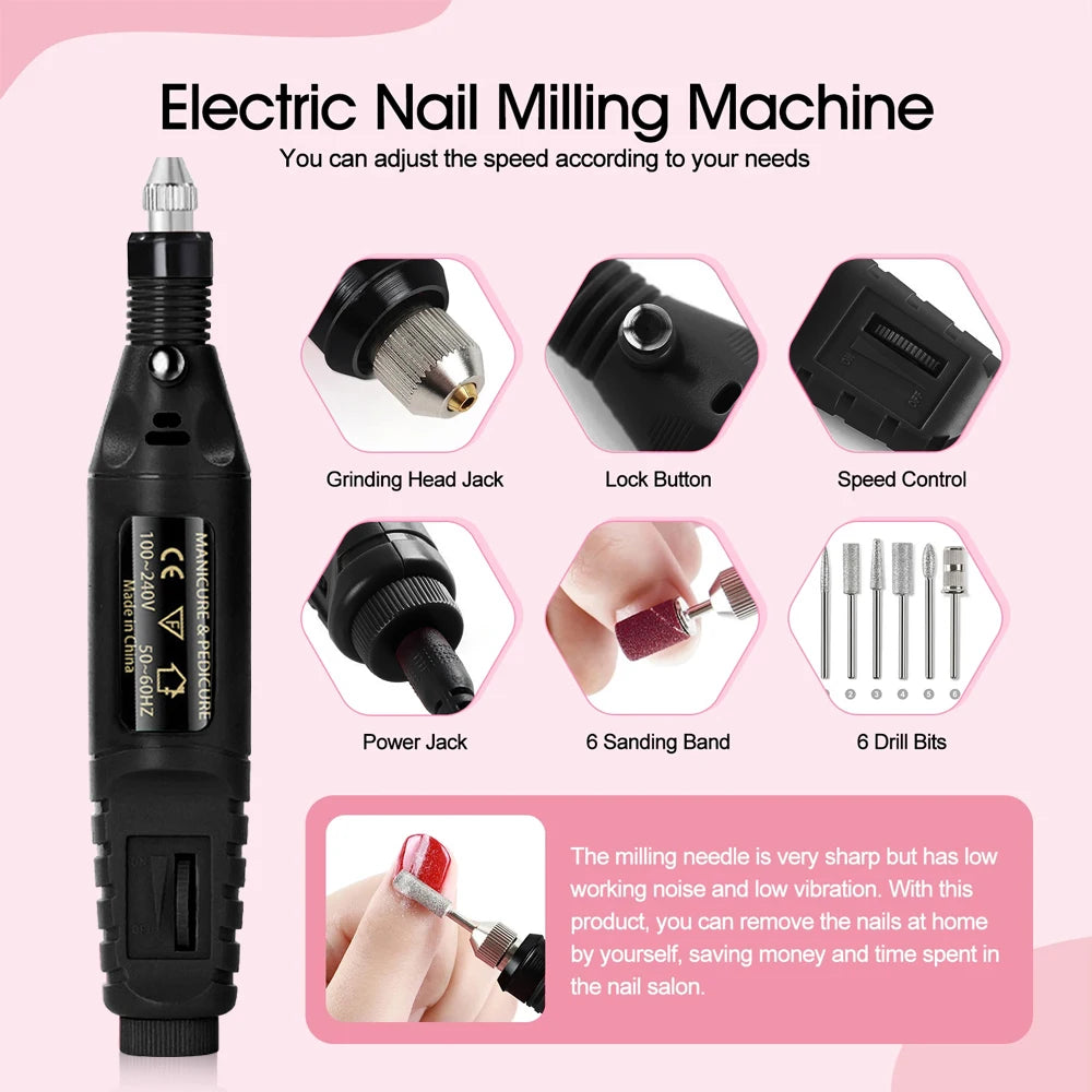 Electric Nail Drill Kit - Portable Professional Manicure & Pedicure Nail Sander, 20,000 RPM, 6 Bits & 6 Sand Bands