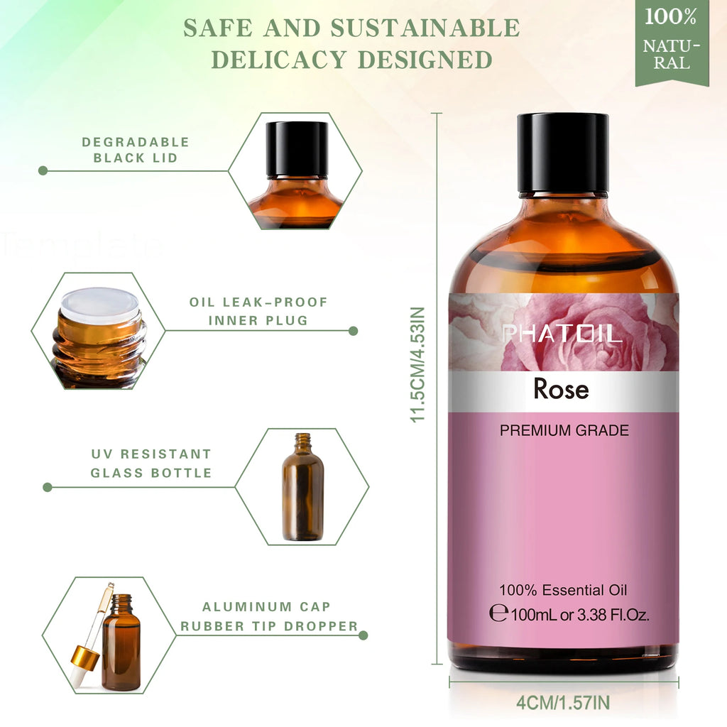 PHATOIL 100ml Pure Essential Oil – Lavender, Rose, Vanilla, Peppermint, Clove, Tea Tree, Ylang Ylang, Lemon Aromatherapy Diffuser Oil