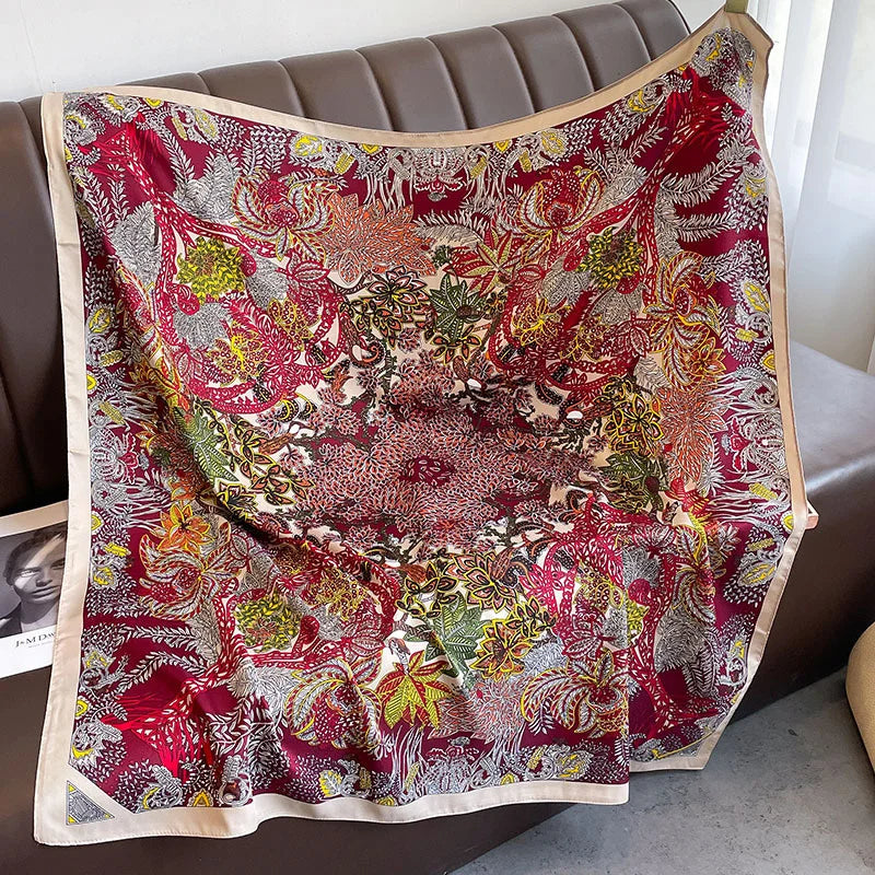 90 x 90 cm (35 x 35 in) Twill Silk-Feel Square Scarf – Women’s Luxury Tree Print Head Scarf, Shawl, Hijab, Bandana