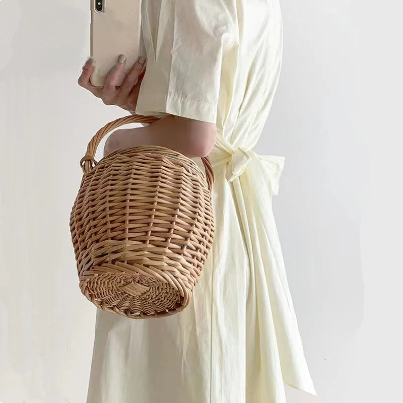 Handmade Wicker Basket Bag for Women – Natural Rattan Straw Bucket Tote, Summer Beach Handwoven Handbag