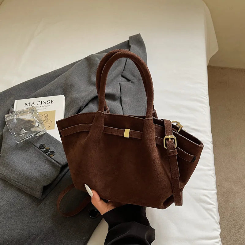 Matte PU Suede Tote Bag for Women – Large Capacity Retro Shoulder & Crossbody with Belt Detail