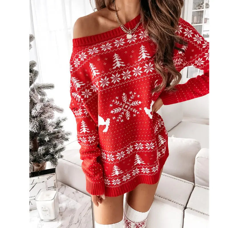 Women's Christmas Knit Sweater Dress - Long Sleeve Mini Holiday Party Dress, Warm Polyester