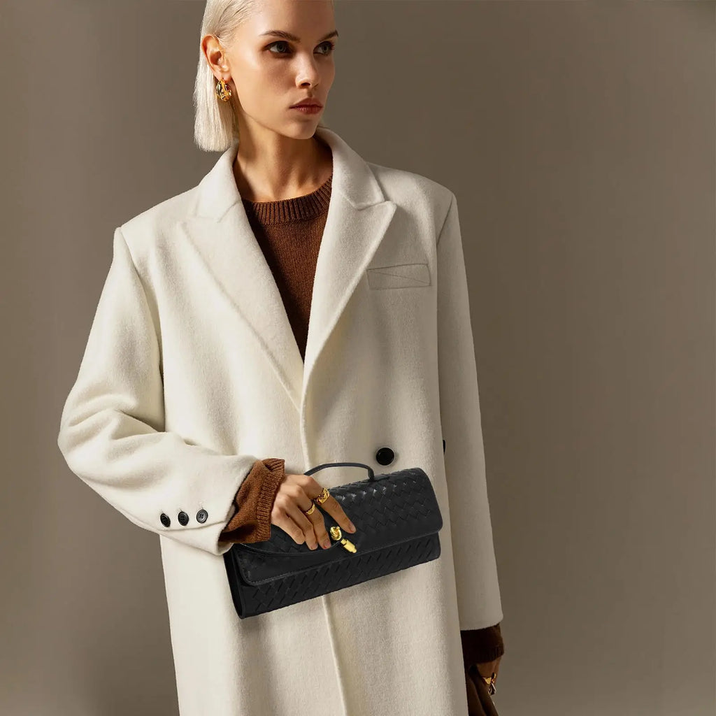 Women's Woven PU Leather Baguette Bag 12-inch (30 cm) – Evening Clutch with Removable 44-inch (112 cm) Crossbody Strap, Gold Buckle