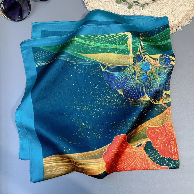 70 x 70 cm (27.6 x 27.6 in) Floral Satin-Look Polyester Square Scarf - Women's Headscarf, Hijab, Hair Band & Wrist Wrap